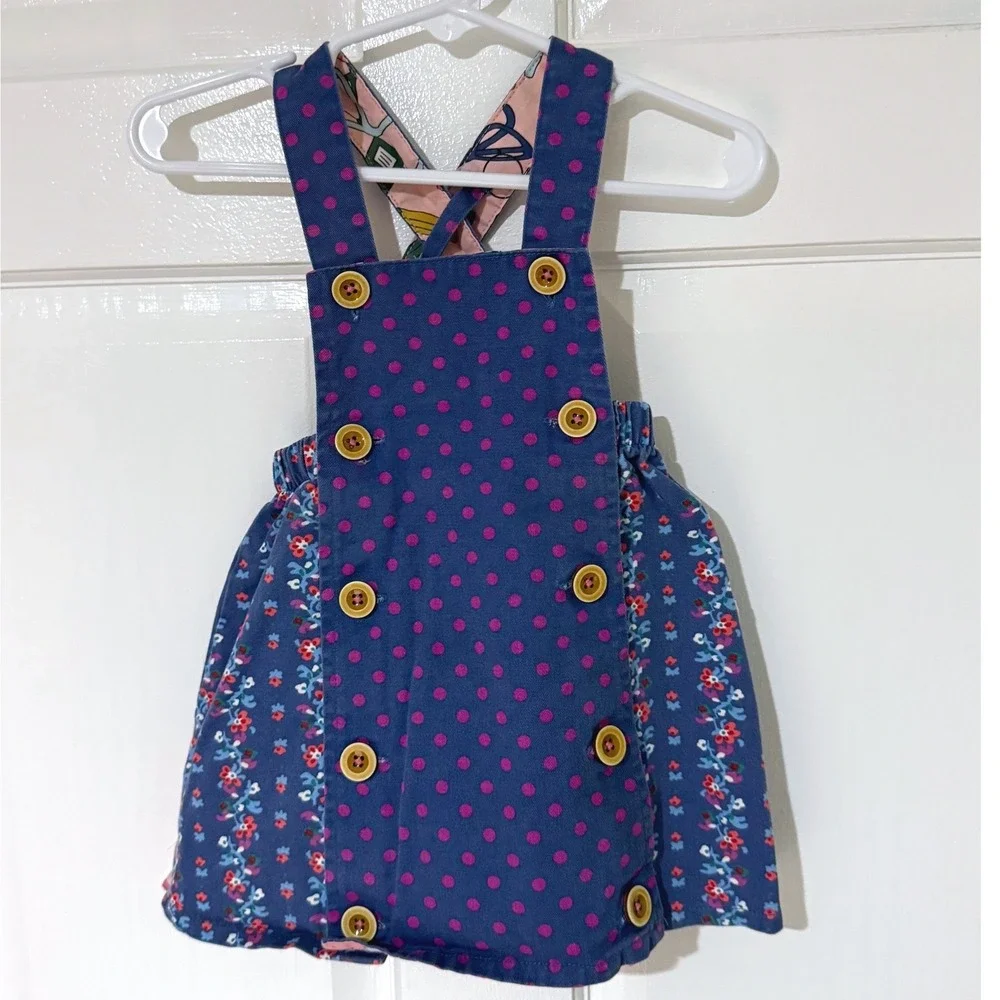 Matilda Jane Girls Blue Polka Dot‎ Floral Pinafore Dress Ruffle Hem 12-18M